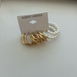 Gold and Pearl Hoop Earrings Set